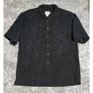 Quiksilver Floral Button Up Shirt Men's L Black Embroidered Short Sleeve Modal
